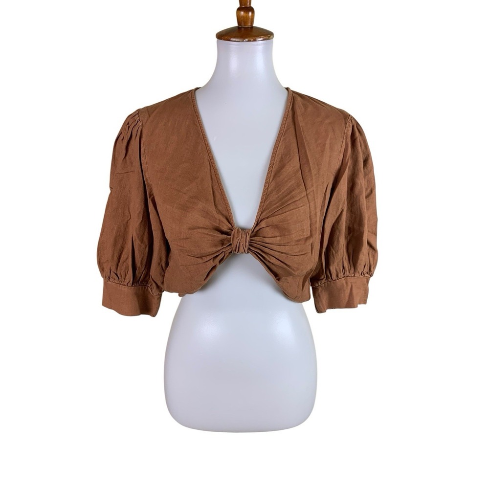 YFB Brown Linen Blend Puff Sleeve Tie Front Crop Top Small